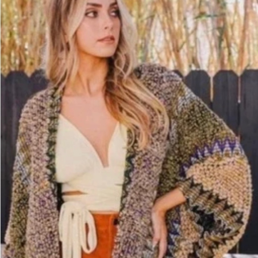 Boho Knit Poncho in Gold, Olive & Purple - Picture 3 of 5